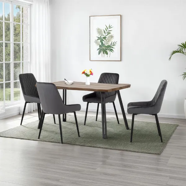 Medium Oak Wave Style Dining Table Set with 4 Grey Chairs