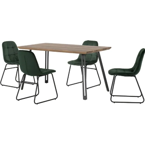 Quebec Straight Edge Dining Set with Lukas Chairs Medium Oak Effect Black Emerald Green Velvet