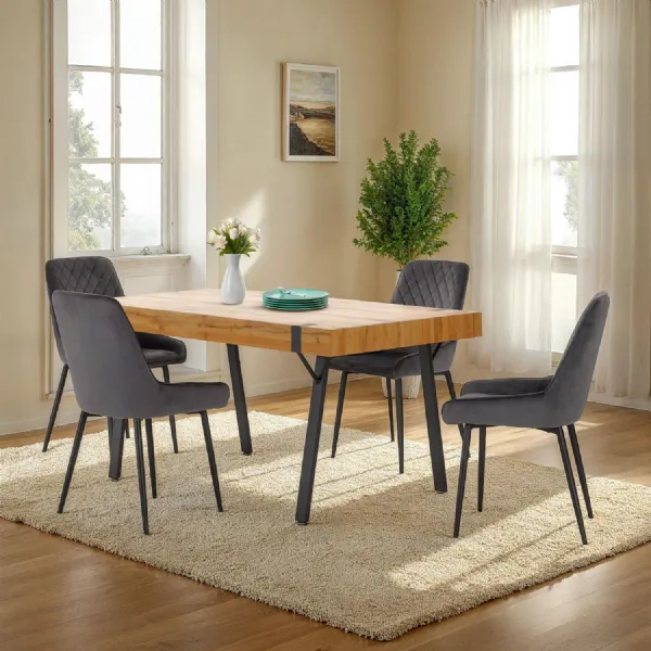 Light Oak Dining Table Set with 4 Grey Velvet Chairs