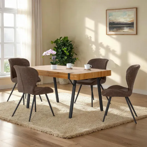Light Oak Dining Table Set 4 Brown Leather Effect Chairs