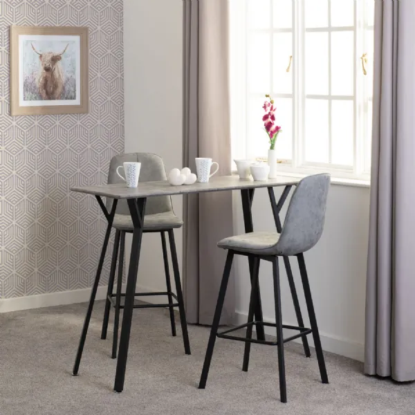 Concrete Effect Bar Table Set 2 Grey Leather Effect Stools