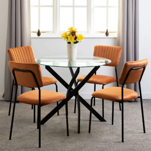 Clear Glass Top Round Dining Set 4 Orange Velvet Chairs