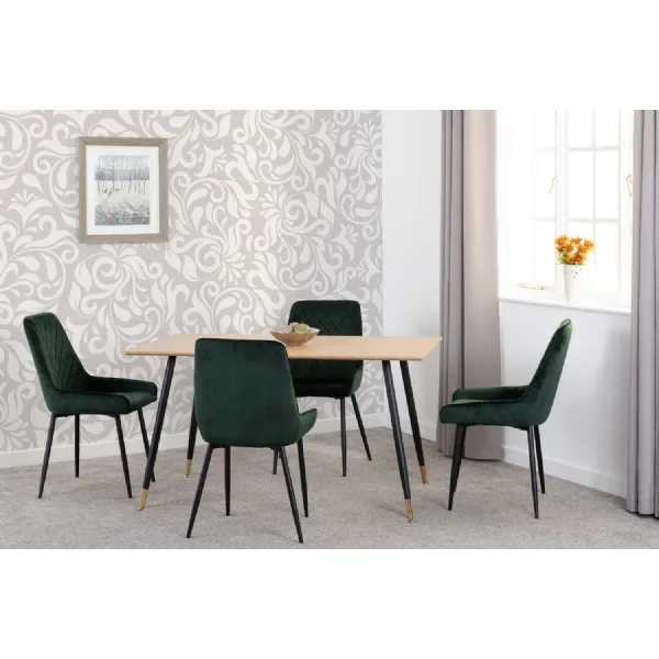 Medium Oak Dining Table Set 4 Green Velvet Chairs