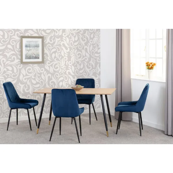 Medium Oak Dining Table Set with 4 Blue Velvet Chairs