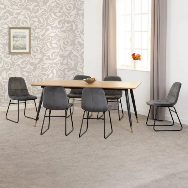 Medium Oak Effect 180cm Dining Table Set with 6 Black Chairs