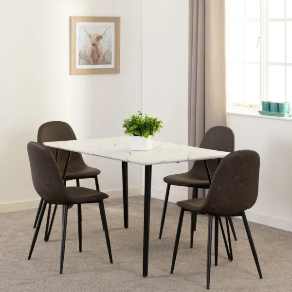 White Marble Dining Table Set 4 Brown Leather Effect Chairs