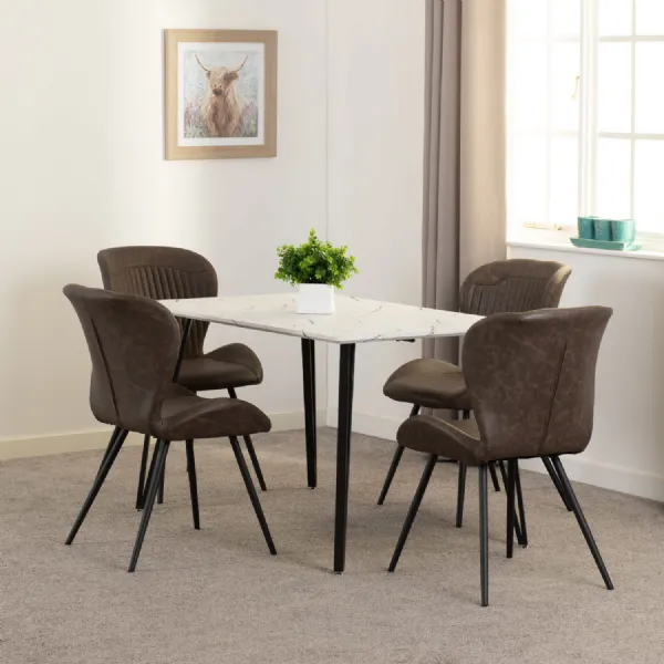 White Marble Top Dining Table Set with 4 Brown Chairs