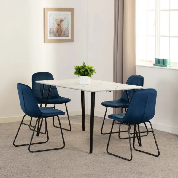 White Marble Effect Dining Table Set 4 Blue Velvet Chairs