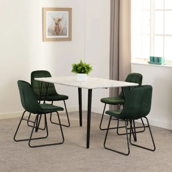 White Marble Effect Dining Table Set 4 Green Velvet Chairs