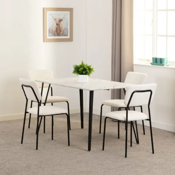 White Marble Top Dining Table Set 4 Ivory Fabric Chairs