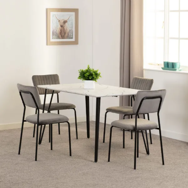 White Marble Top Dining Table Set 4 Grey Velvet Chairs