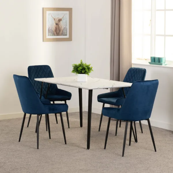 White Marble Dining Table Set with 4 Blue Velvet Chairs