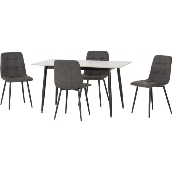 Fenton Dining Set (4 Chairs) White Marble Stone Effect Dark Grey Suede Fabric