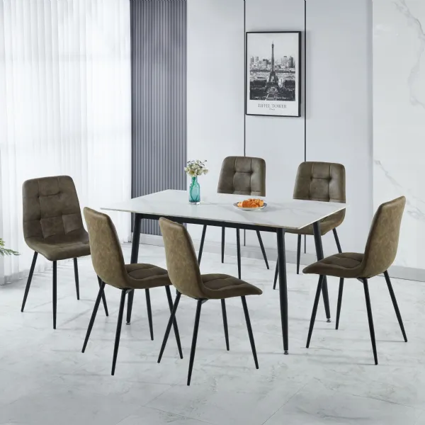 White Marble Effect Dining Table Set 6 Olive Green Chairs