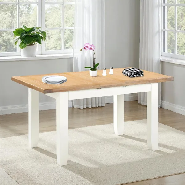 Ivory Textured Extending Dining Table Oak Top 120 to 150cm