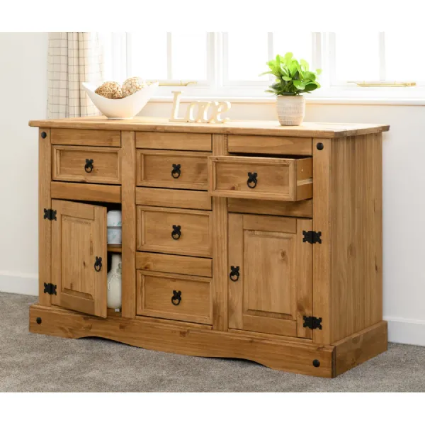 Distressed Waxed Wood 2 Door 5 Drawer Wide Sideboard