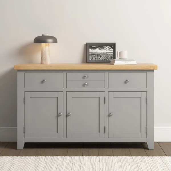 Pebble Grey Wood 3 Door 3 Drawer Sideboard Oak Top
