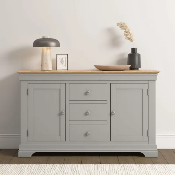 Pebble Grey 2 Doors 3 Drawer Sideboard Oak Top