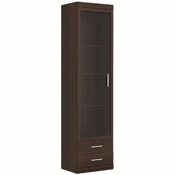 Dark Mahogany Tall Slim Glazed 1 Door 2 Drawer Narrow Display Cabinet