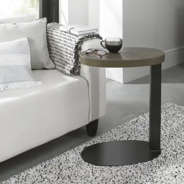 Dark Oak Oval Over Arm Sofa Table Black Metal Base
