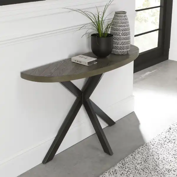 Dark Oak Top Half Circle Console Table Black Metal Legs