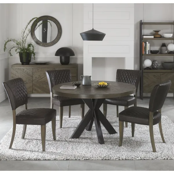 Dark Oak Small Round Dining Table Set 4 Grey Leather Chairs