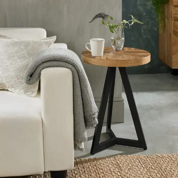 Rustic Oak Top Round Side Lamp Table