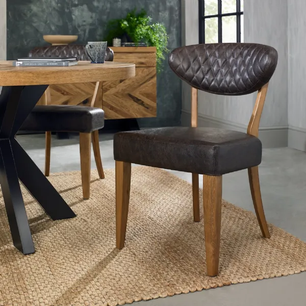 Oak Vintage Brown Leather Diamond Stitched Dining Chair