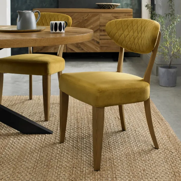 Pair of Rustic Oak Yellow Velvet Fabric Dining Chairs
