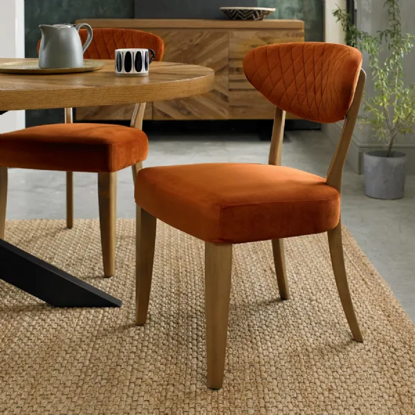 Rustic Oak Orange Velvet Fabric Dining Chairs