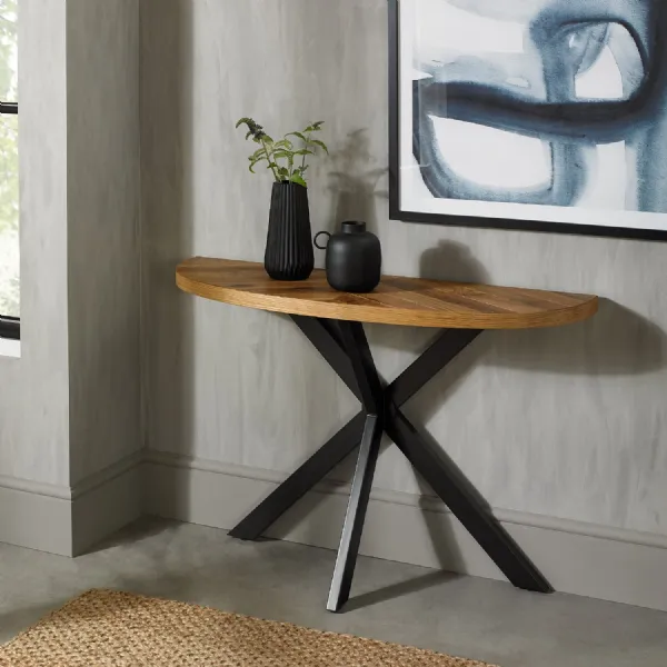 Rustic Oak Top Half Moon Console Hall Table Black Legs