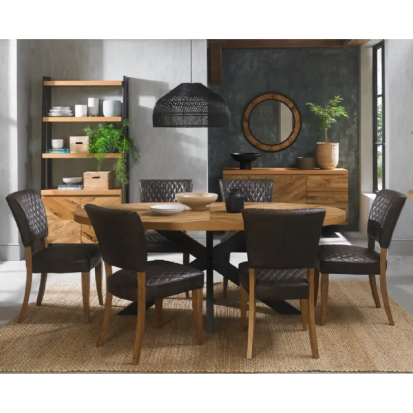 Rustic Oak Oval Dining Table Set 6 Grey Leather Chairs