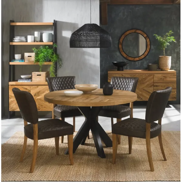 Rustic Oak Round Dining Table Set 4 Grey Leather Chairs
