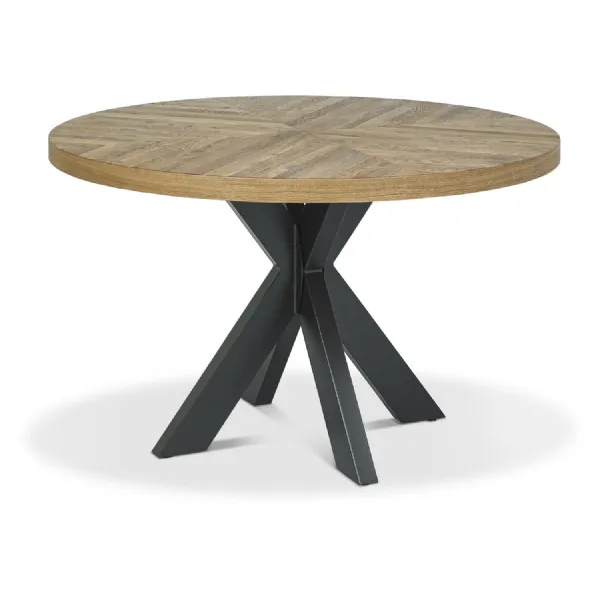 Rustic Oak Round Dining Table Black Metal X Legs