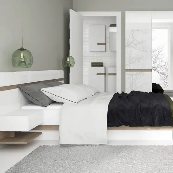 White High Gloss and Oak Bedside Table Extension For Bed