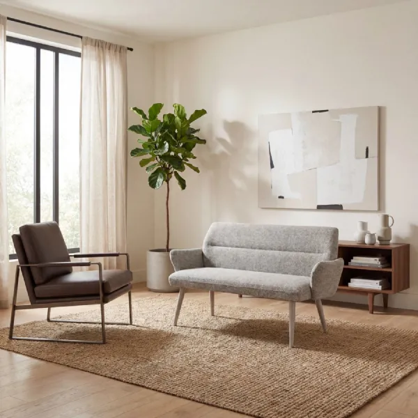 Grey Fabric Dining Bench with Arms and Backrest