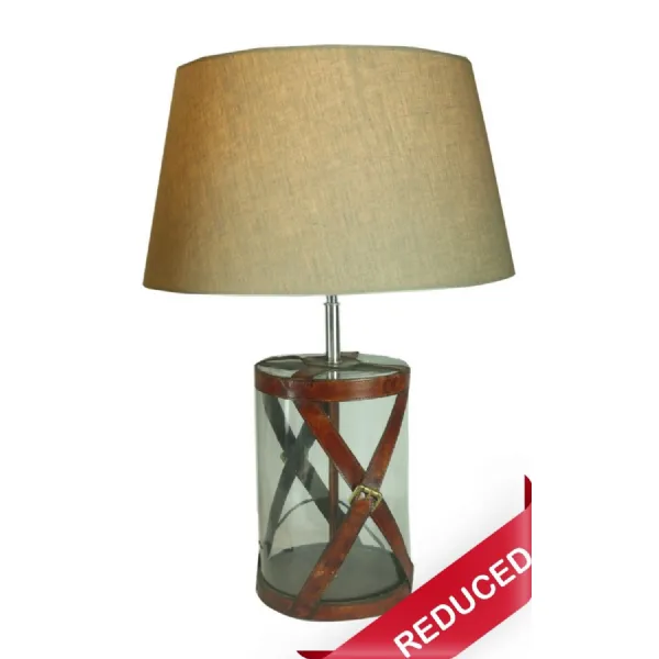 66cm Glass Table Lamp with X Leather Straps and Shade