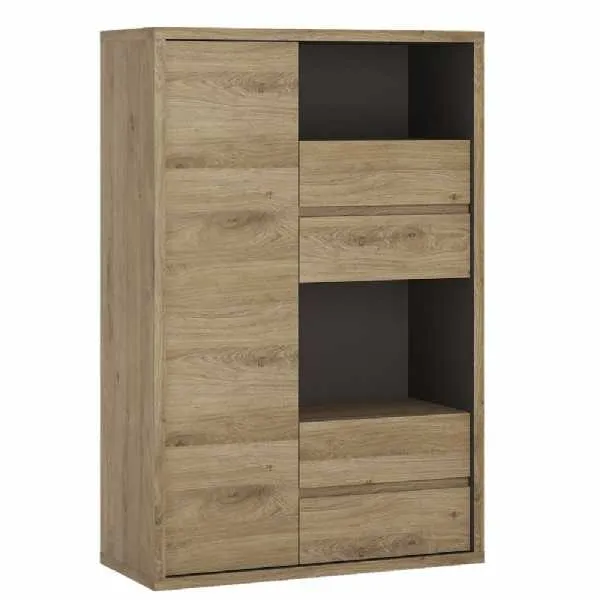 Dark Oak and Black 1 Door 4 Drawer Small Display Cabinet
