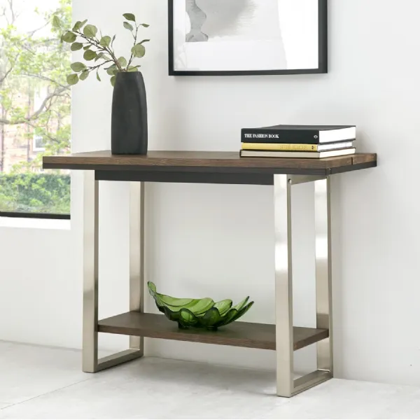 Dark Oiled Oak Top Nickel Metal Framed Base Console Hall Table