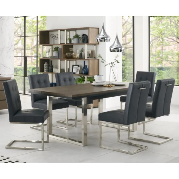 Dark Oak Chrome Extending Dining Set 6 Black Leather Chairs