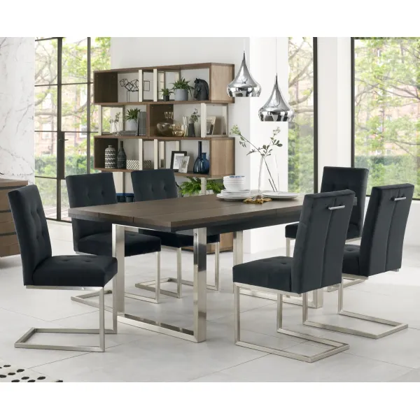 Dark Oak Chrome Extending Dining Set 6 Grey Velvet Chairs
