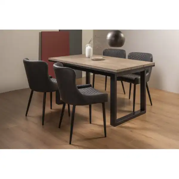 Weathered Oak Dining Table Set 4 Dark Grey Leather Chairs