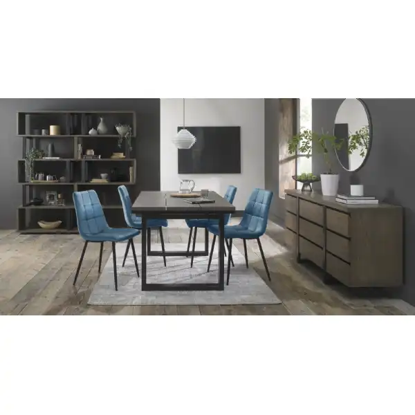Weathered Oak Extending Dining Set 4 Blue Velvet Chairs
