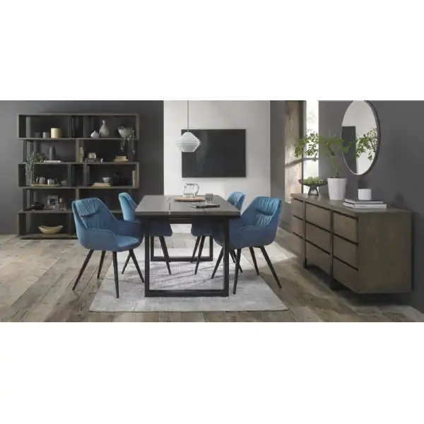 Weathered Oak Extending Dining Table 4 Blue Velvet Chairs