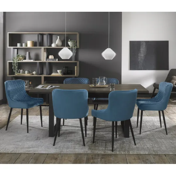 Weathered Oak Extending Dining Set 6 Blue Velvet Chairs