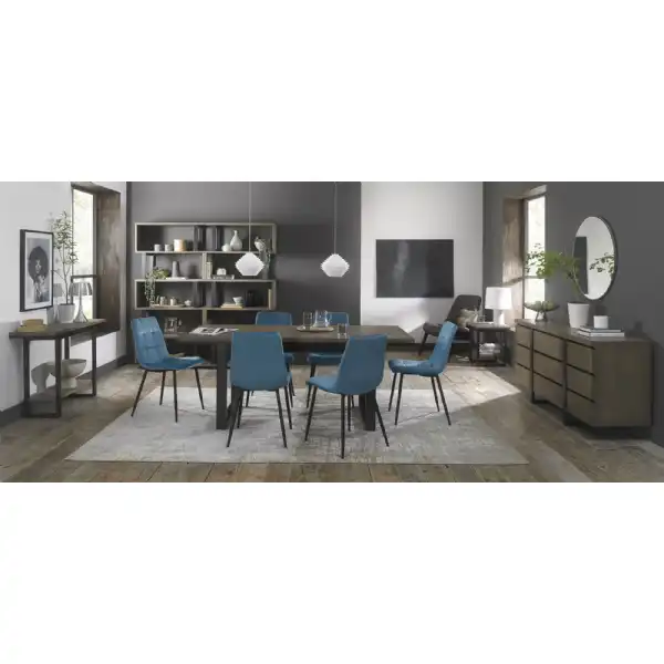 Weathered Oak Dining Table 6 Blue Velvet Chairs