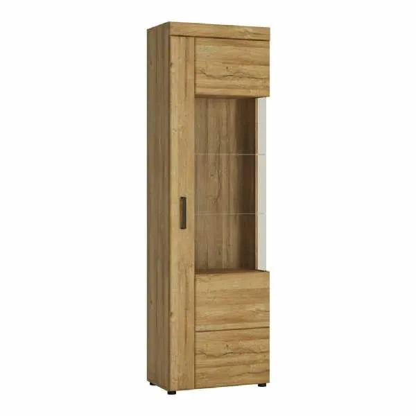 Narrow Tall Oak Finish Glazed Display Cabinet With 5 Shelves Traditional