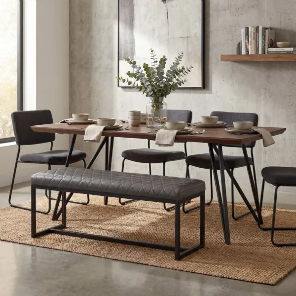 Grey Leather Effect Cross Stitch Dining Bench Black Framed