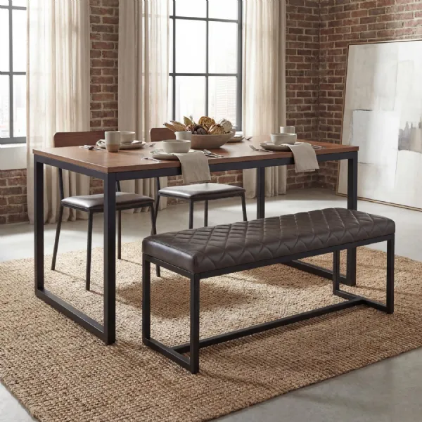 Brown Leather Effect Cross Stitch Dining Bench Black Framed