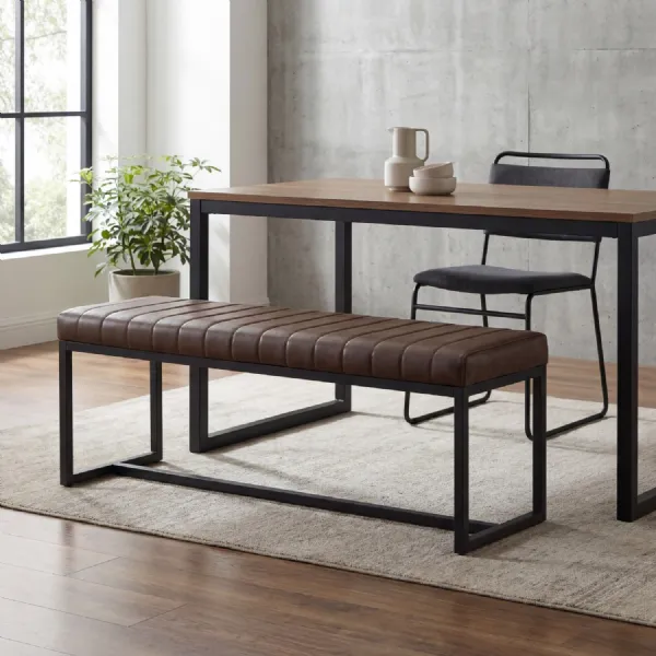 Brown Leather Effect Ribbed Design Dining Bench Metal Base